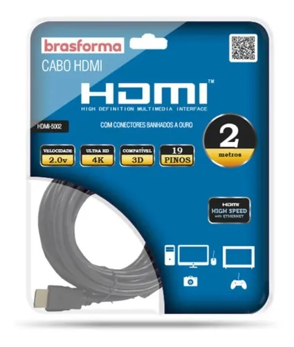 Imagem do produto CABO HDMI 1.4 4K 3D 1080P 2M BRASFORMA