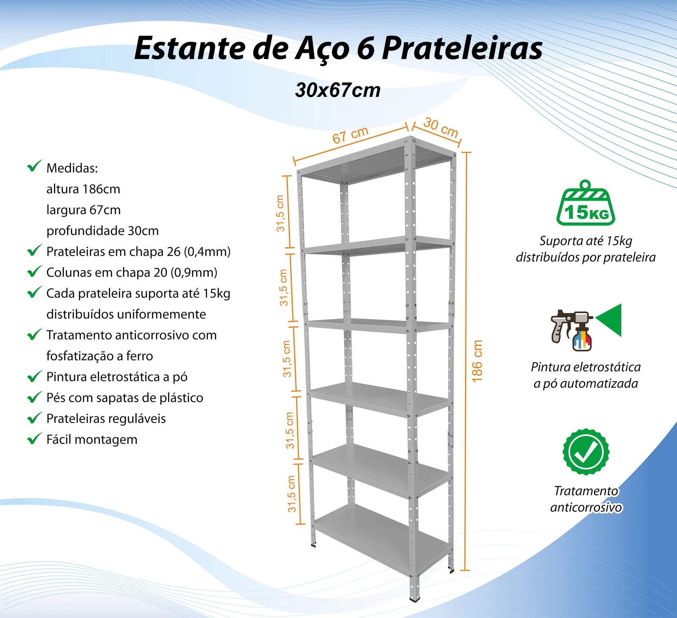 Imagem do produto ESTANTE ACO GALV. 6 ANDARES 2MT CINZA